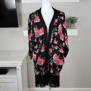 Sweet Rain Floral Rose Fringe Hem Duster / Cover Up